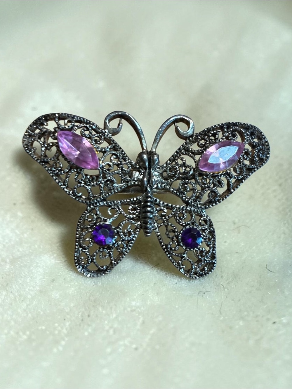 Silver Filigree Butterfly Brooch with Pink and Purple Stones